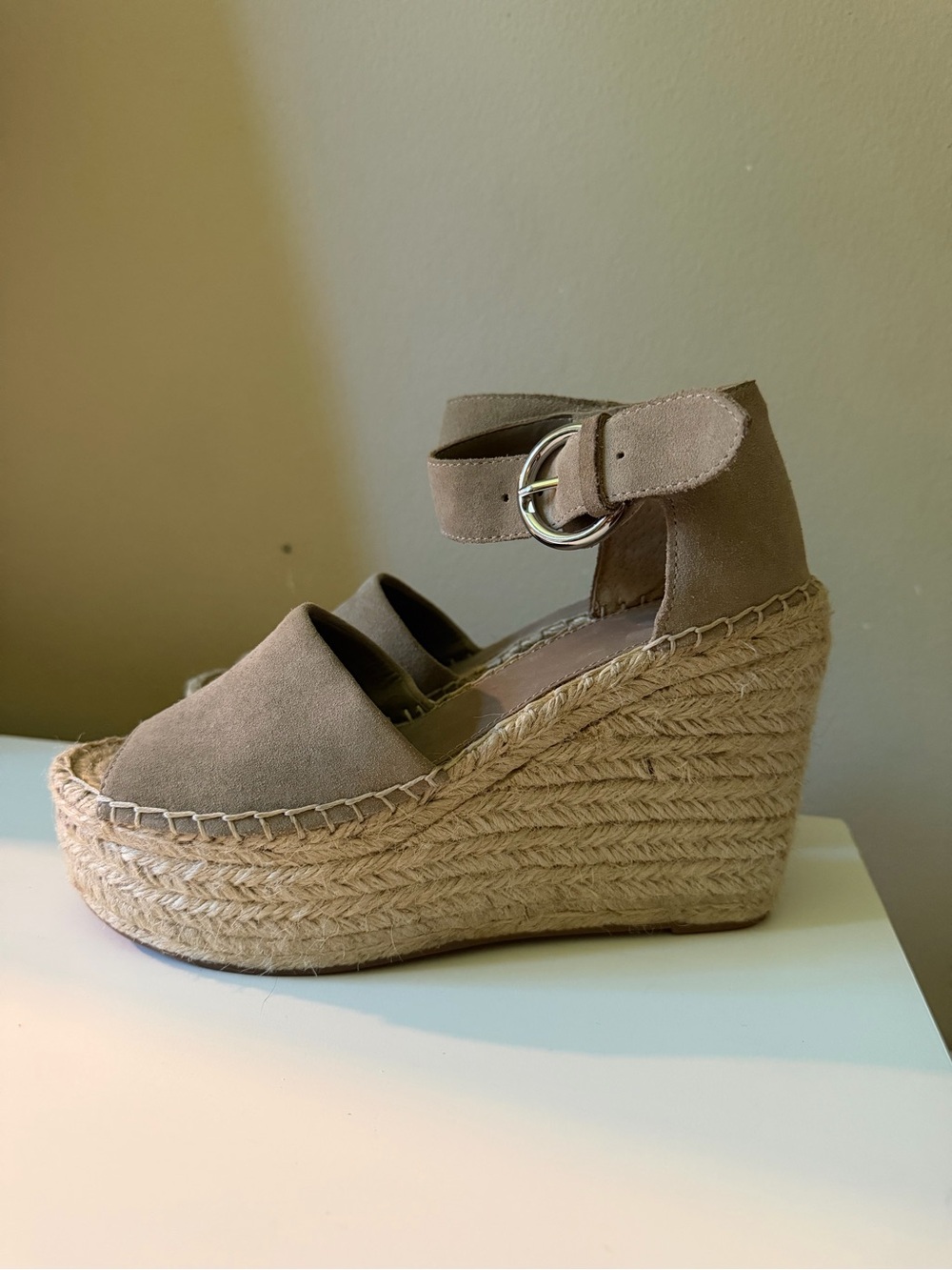 Marc Jacobs Taupe Suede Espadrille Platform Wedges with Ankle Strap